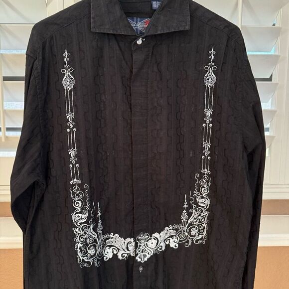 English Laundry Christopher Wicks L Embroidered Button Up Black White Hand Sewn - Picture 2 of 10